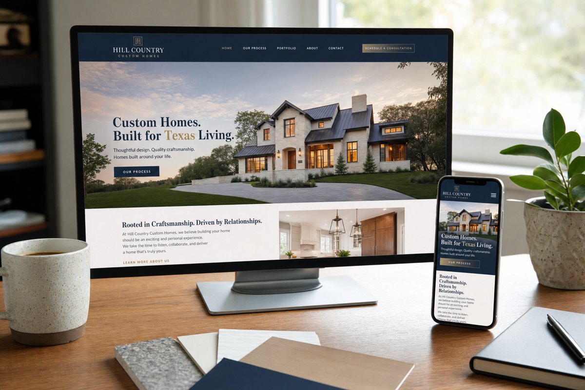 A custom Mansfield small business website shown on a desktop monitor and a smartphone