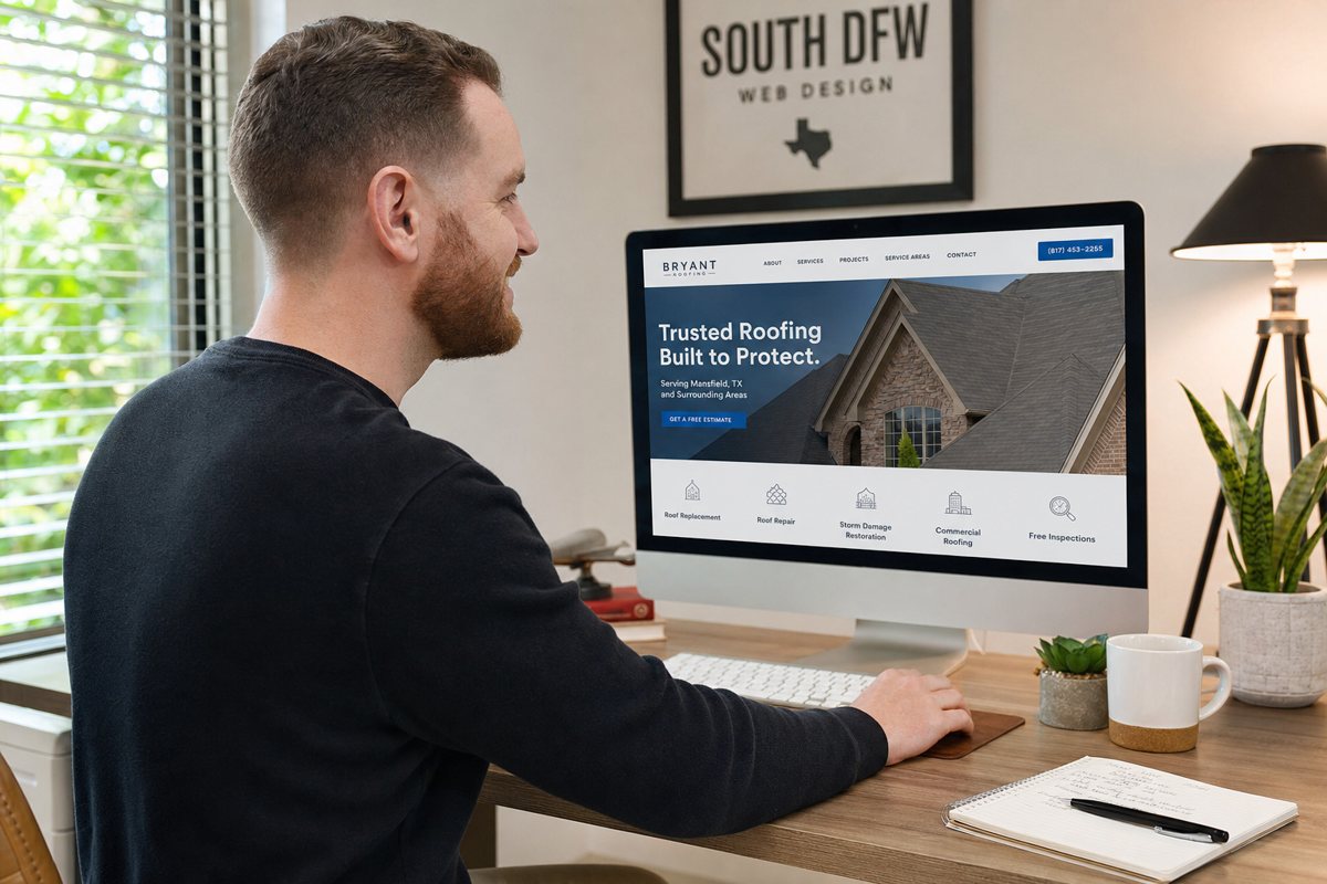 A Mansfield Web Dev designer reviewing a local business website on a large monitor